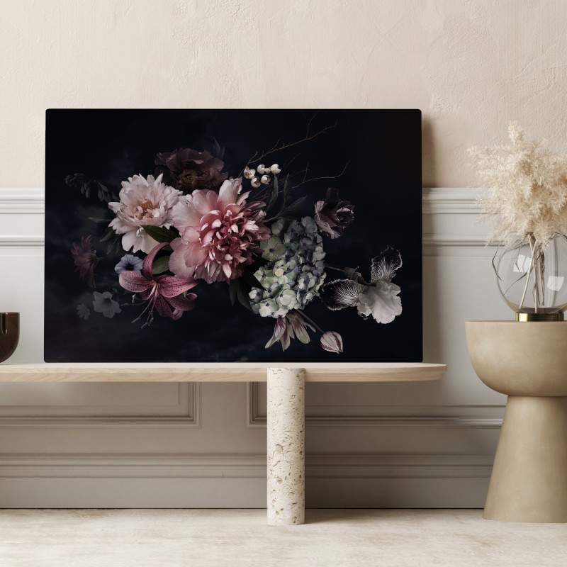 Leinwandbild düsterer pfingstrosen- und hortensienstrauß – Wallnifity® Leinwandbild düsterer pfingstrosen- und hortensienstrauß – Wallnifity®