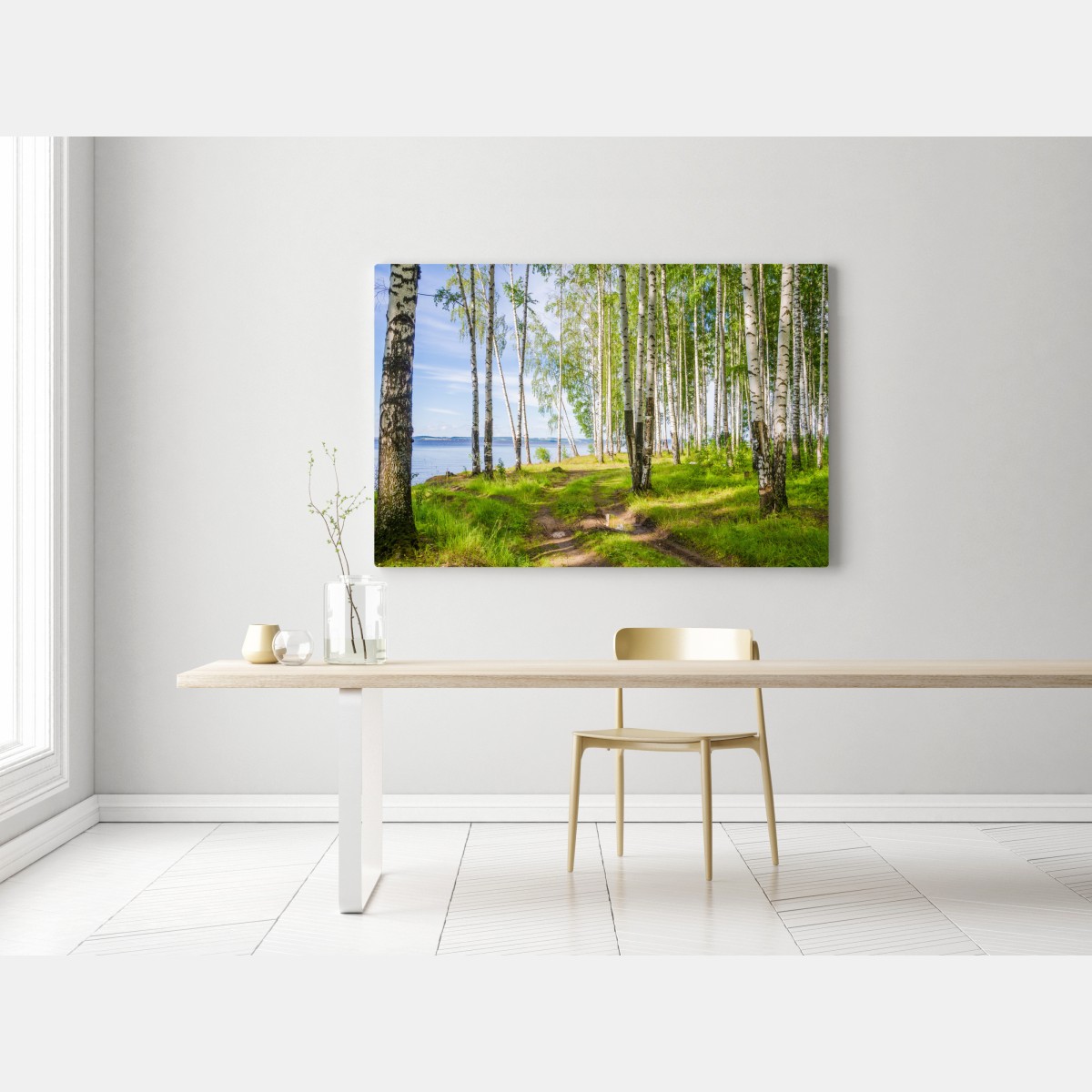 Leinwandbild sonnige birkenlichtung am wasser – Wallnifity® Leinwandbild sonnige birkenlichtung am wasser – Wallnifity®