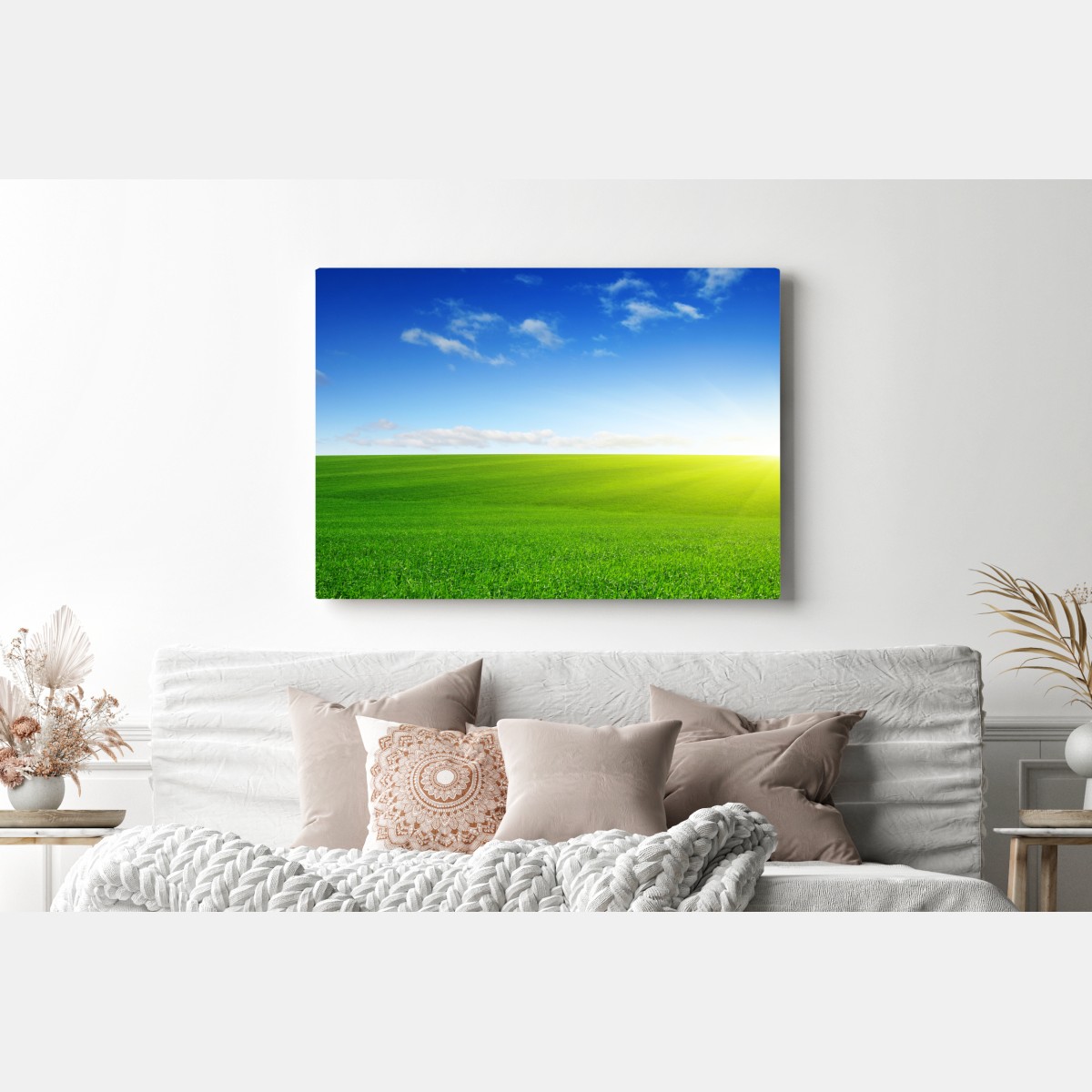 Leinwandbild sonnenbeschienene grüne wiese im morgenlicht – Wallnifity® Leinwandbild sonnenbeschienene grüne wiese im morgenlicht – Wallnifity®