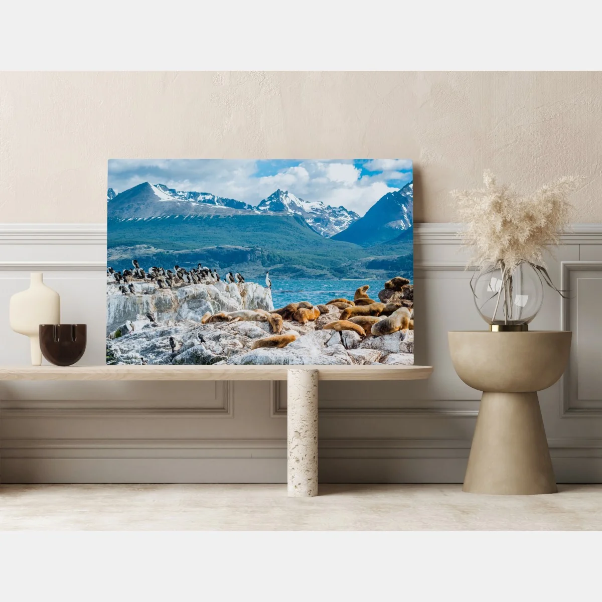 Leinwandbild seelöwen und seevögel an der felsküste – Wallnifity® Leinwandbild seelöwen und seevögel an der felsküste – Wallnifity®