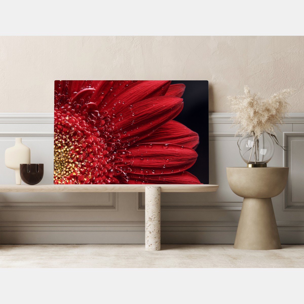 Leinwandbild rote gerbera makro mit wassertropfen – Wallnifity® Leinwandbild rote gerbera makro mit wassertropfen – Wallnifity®