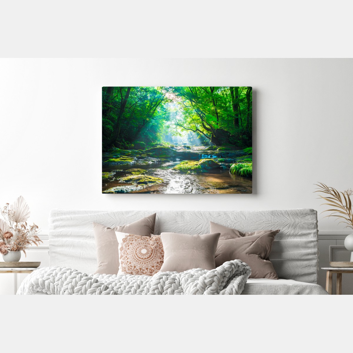 Leinwandbild sonnendurchfluteter waldbach mit moosbedeckten steinen – Wallnifity®