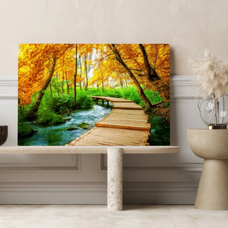 Leinwandbild goldener steg durch den wald bei Plitvicer Seen – Wallnifity® Leinwandbild goldener steg durch den wald bei Plitvicer Seen – Wallnifity®