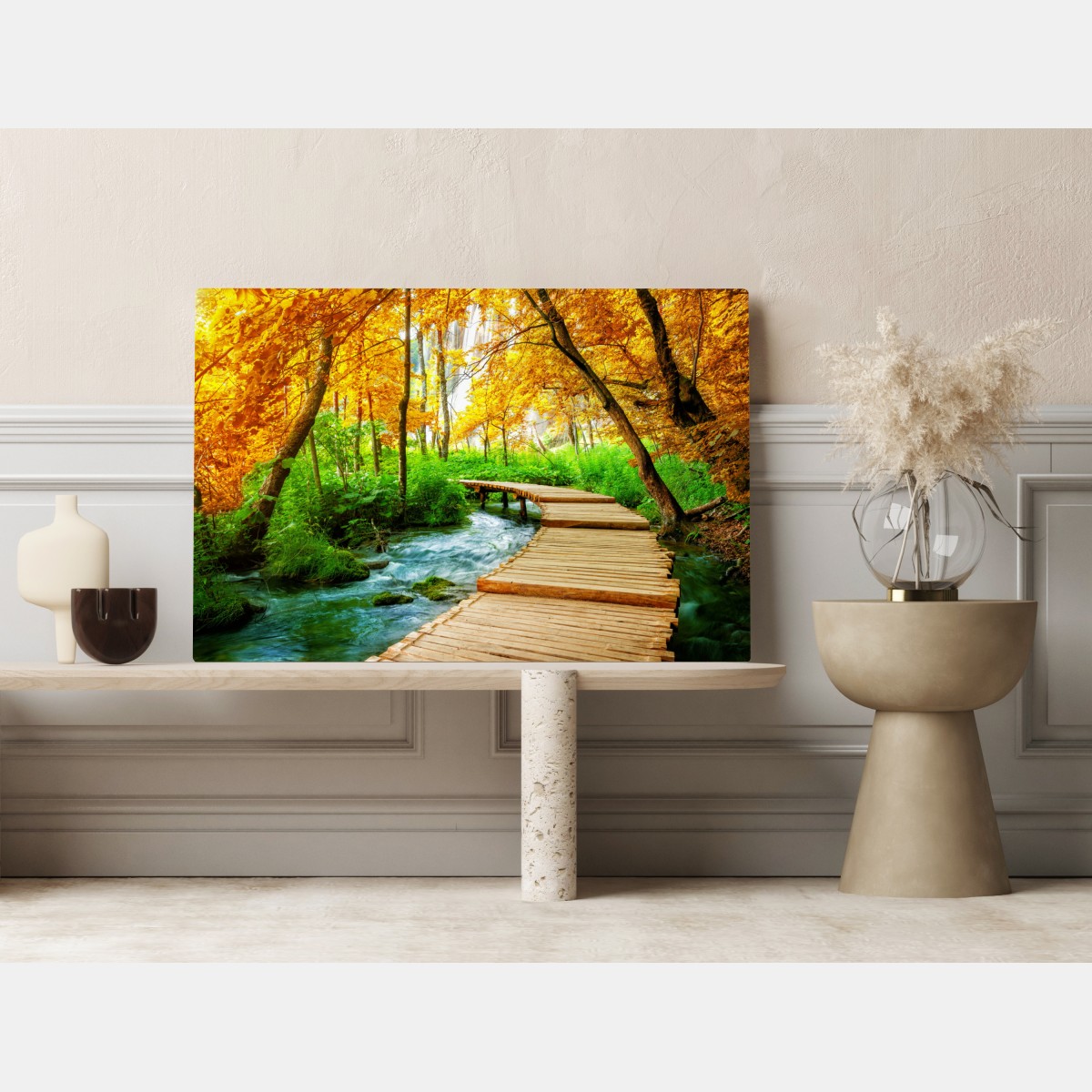 Leinwandbild goldener steg durch den wald bei Plitvicer Seen – Wallnifity® Leinwandbild goldener steg durch den wald bei Plitvicer Seen – Wallnifity®