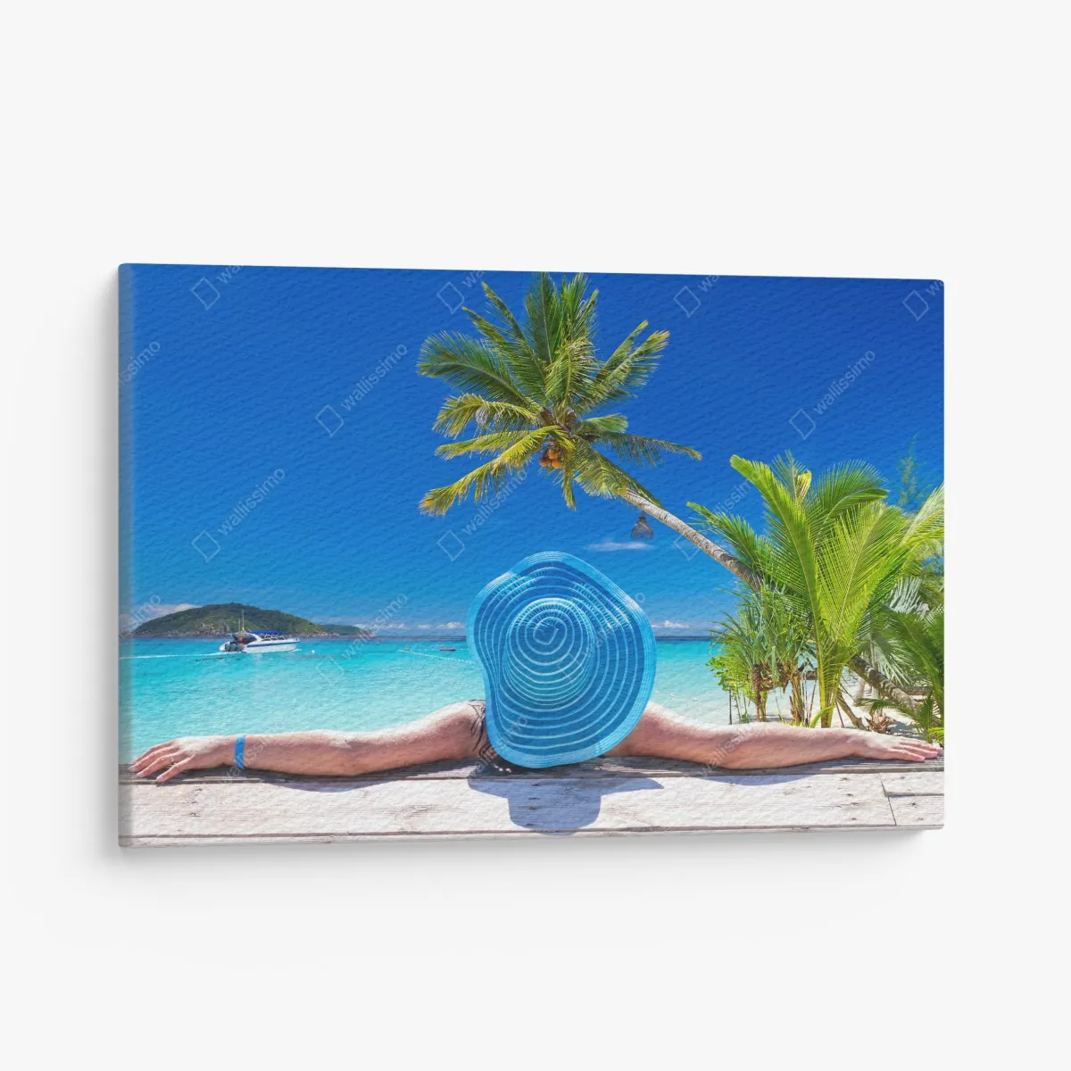 Leinwandbild tropischer strand mit blauem sonnenhut – Wallnifity® Leinwandbild tropischer strand mit blauem sonnenhut – Wallnifity®