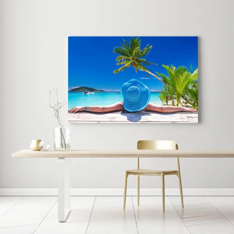 Leinwandbild tropischer strand mit blauem sonnenhut – Wallnifity® Leinwandbild tropischer strand mit blauem sonnenhut – Wallnifity®