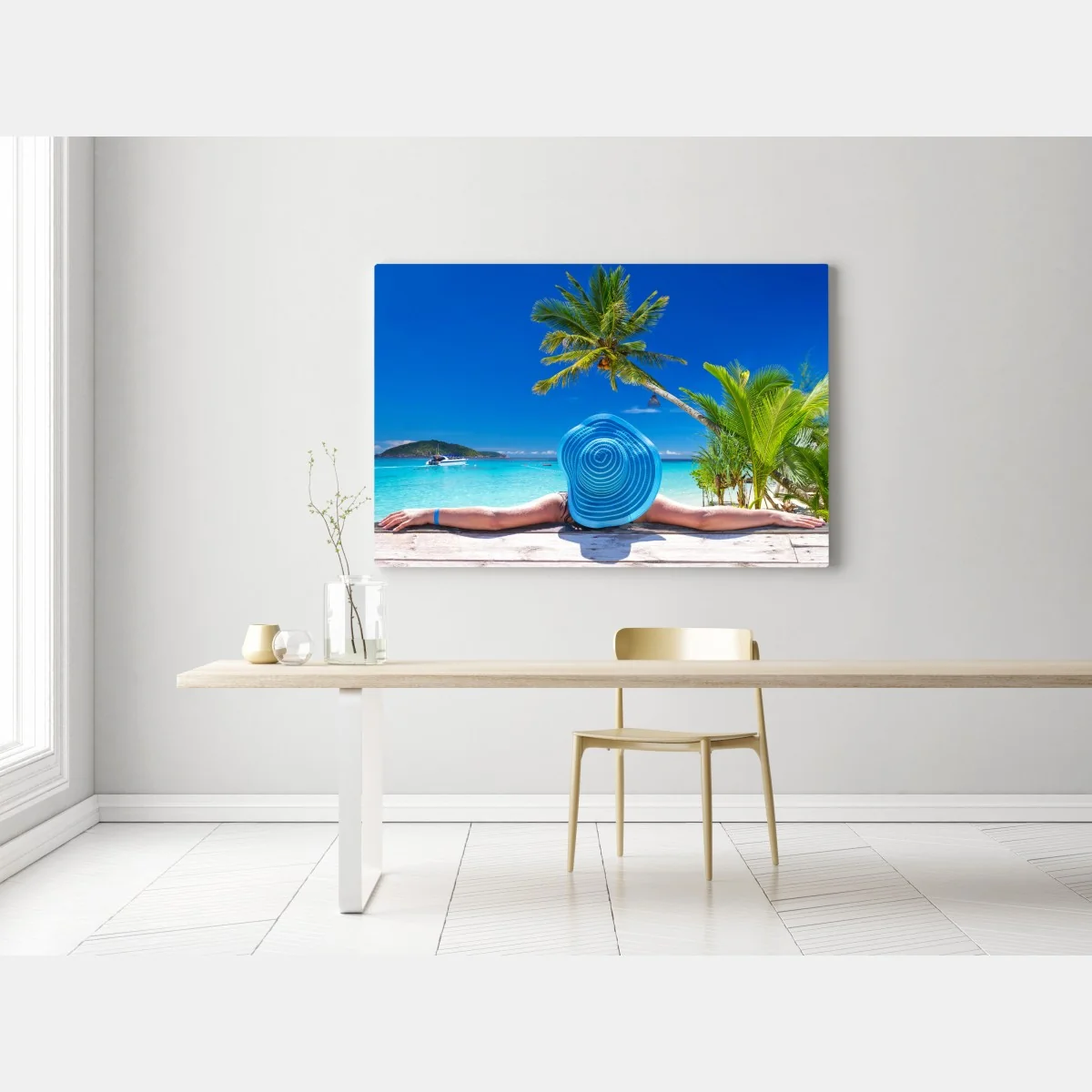 Leinwandbild tropischer strand mit blauem sonnenhut – Wallnifity® Leinwandbild tropischer strand mit blauem sonnenhut – Wallnifity®