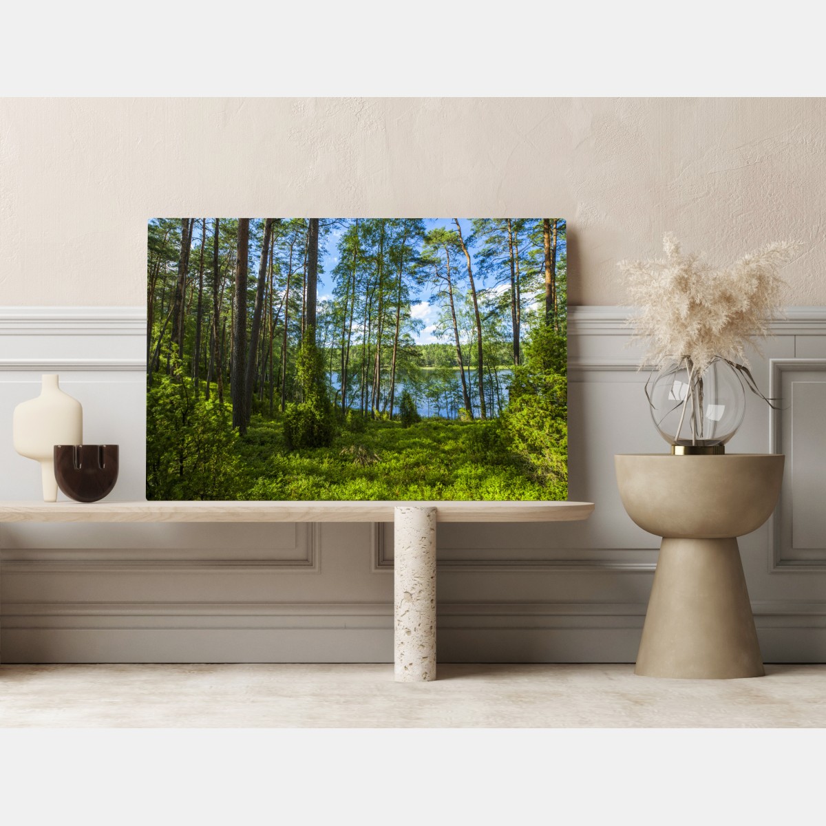 Leinwandbild ruhiger kiefernwald am see – Wallnifity® Leinwandbild ruhiger kiefernwald am see – Wallnifity®