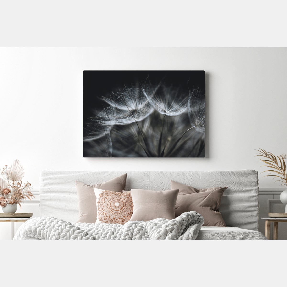 Leinwandbild zarte löwenzahnsamen in monochrom – Wallnifity® Leinwandbild zarte löwenzahnsamen in monochrom – Wallnifity®
