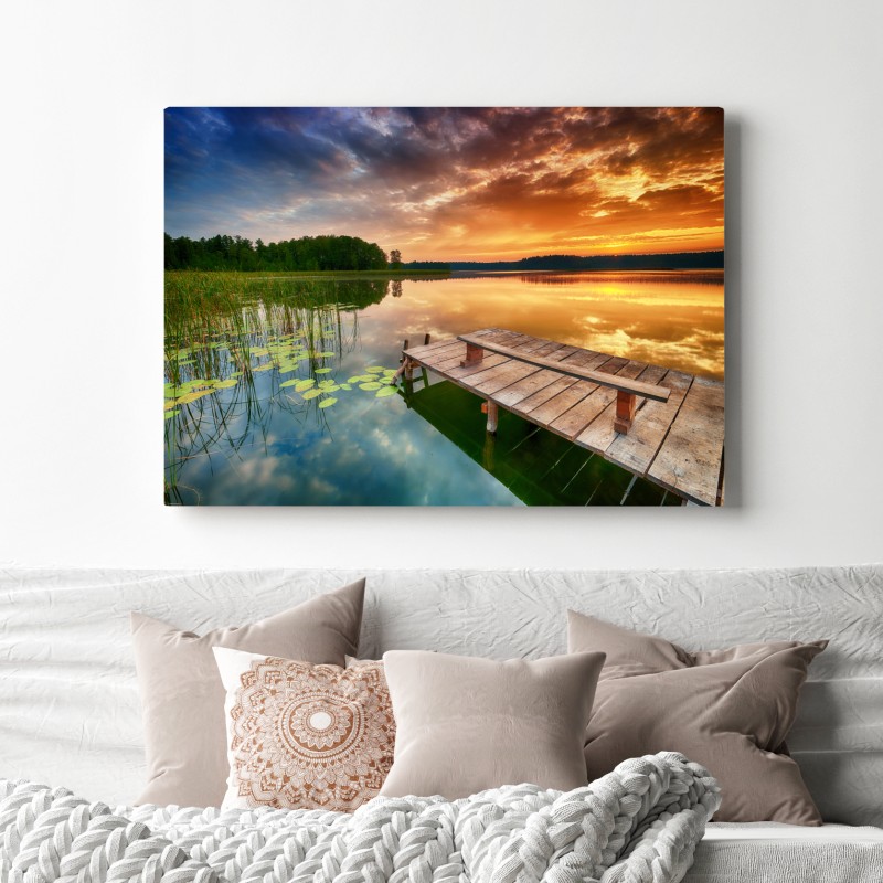 Leinwandbild goldener sonnenaufgang über ruhigem see – Wallnifity®