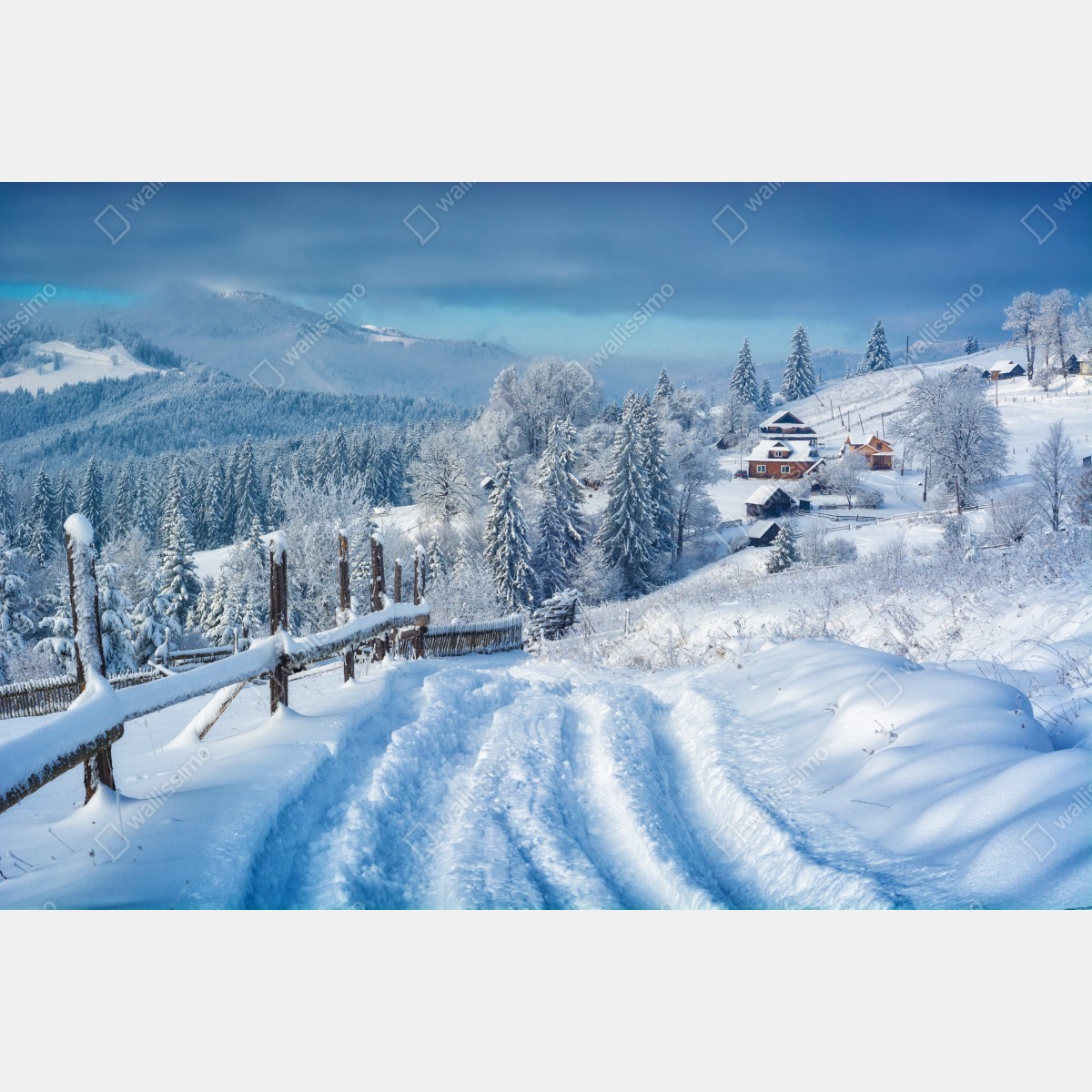 Leinwandbild winterweg zum alpendorf – Wallnifity® Leinwandbild winterweg zum alpendorf – Wallnifity®