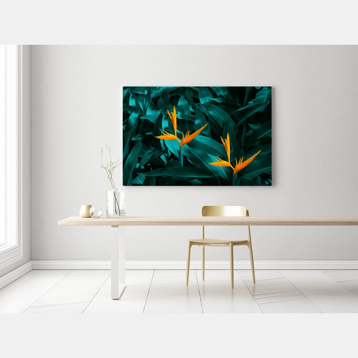 Leinwandbild tropische strelitzie auf türkisfarbenen blättern – Wallnifity® Leinwandbild tropische strelitzie auf türkisfarbenen blättern – Wallnifity®