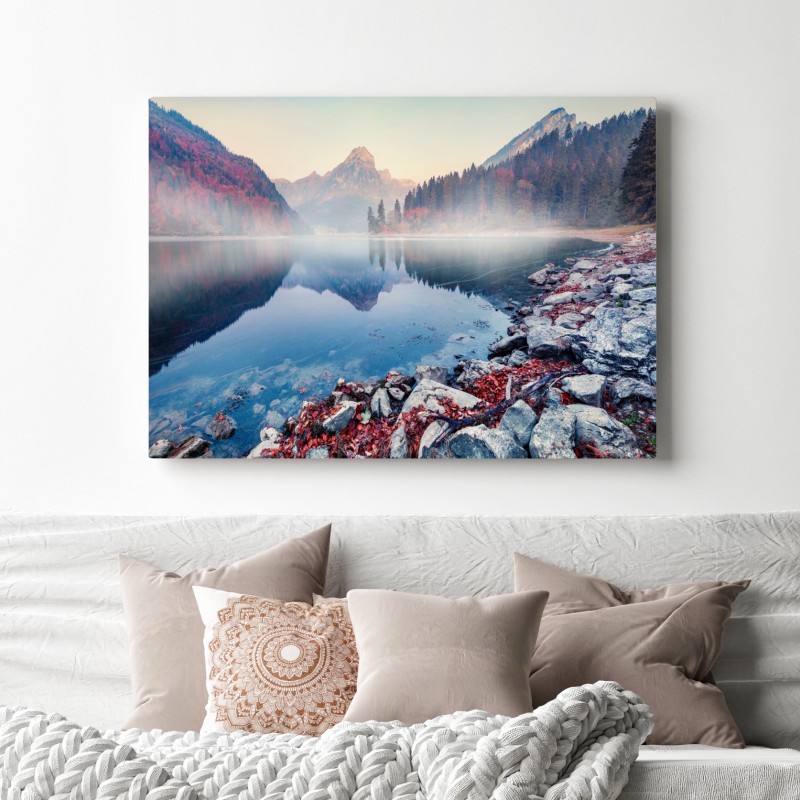 Leinwandbild nebliger herbstmorgen am Obersee, Schweizer Alpen – Wallnifity® Leinwandbild nebliger herbstmorgen am Obersee, Schweizer Alpen – Wallnifity®