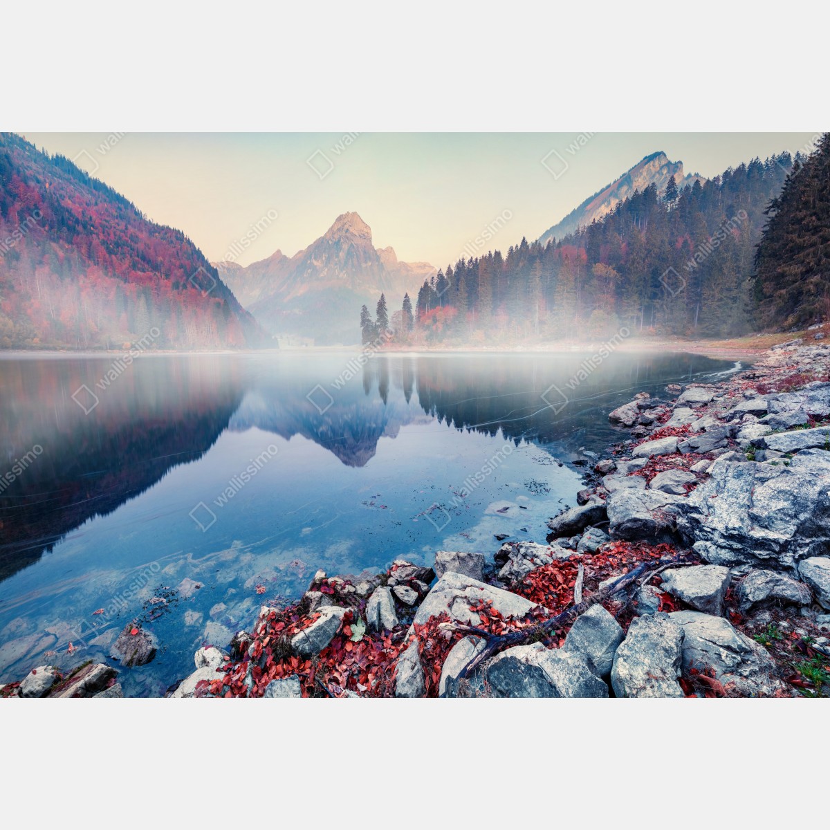 Leinwandbild nebliger herbstmorgen am Obersee, Schweizer Alpen – Wallnifity® Leinwandbild nebliger herbstmorgen am Obersee, Schweizer Alpen – Wallnifity®
