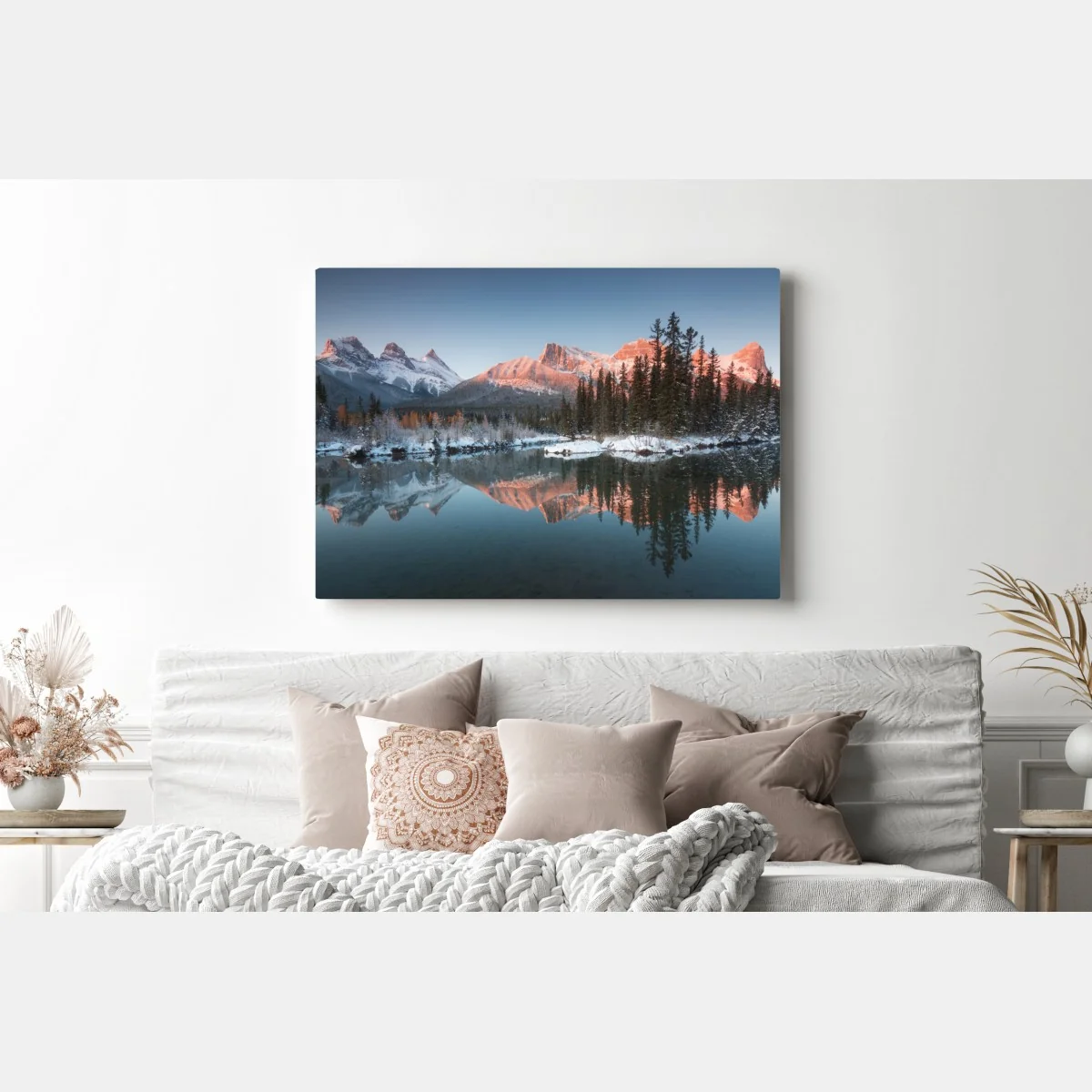 Leinwandbild bergspiegelung im morgendlichen glühen – Wallnifity® Leinwandbild bergspiegelung im morgendlichen glühen – Wallnifity®