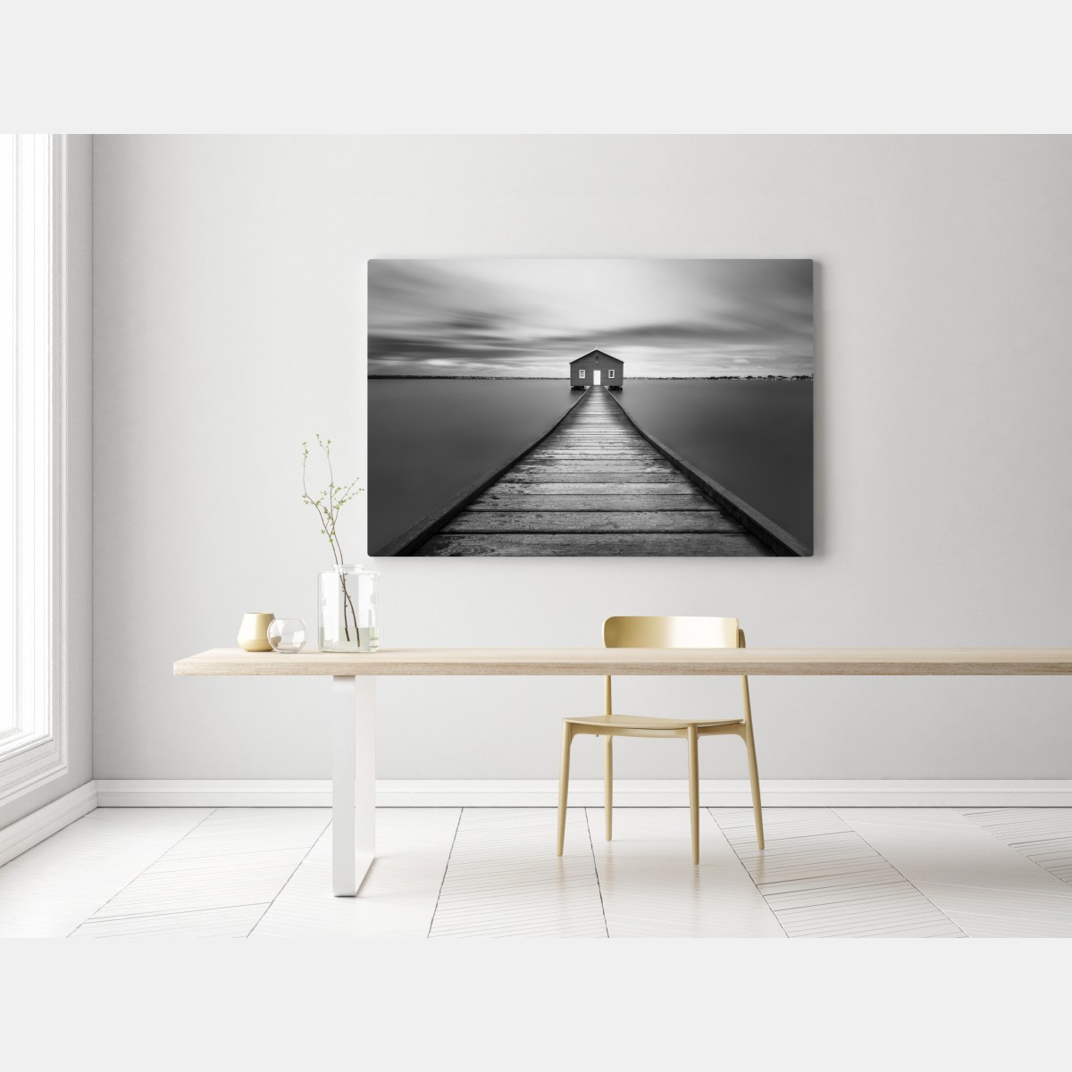 Leinwandbild einsames bootshaus am ruhigen steg – Wallnifity® Leinwandbild einsames bootshaus am ruhigen steg – Wallnifity®