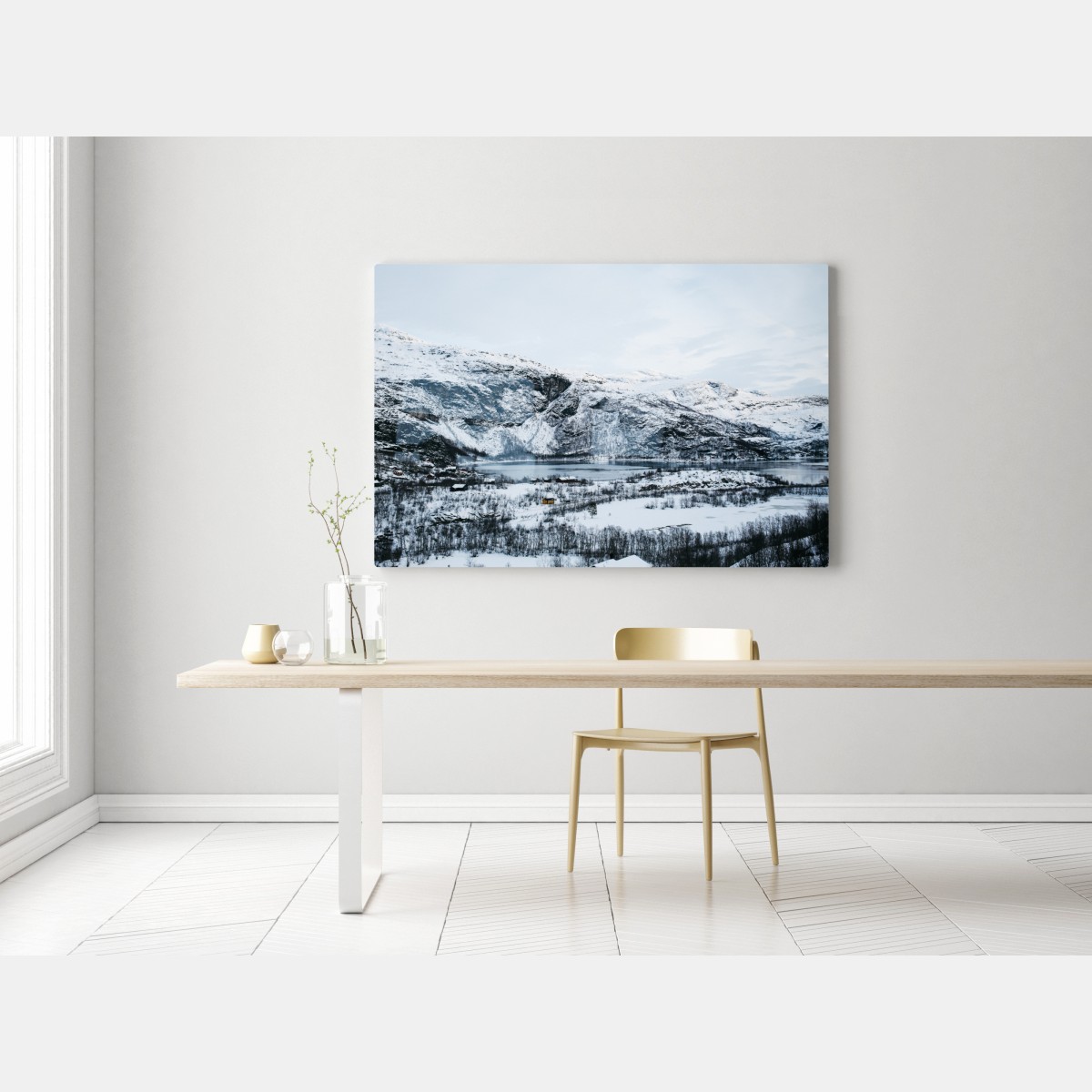 Leinwandbild ruhige winterliche berglandschaft über zugefrorenem see – Wallnifity® Leinwandbild ruhige winterliche berglandschaft über zugefrorenem see – Wallnifity®