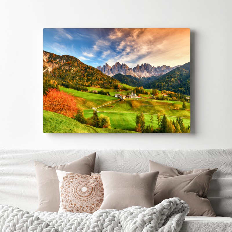 Leinwandbild herbstlicher sonnenuntergang über Santa Maddalena, Dolomiten – Wallnifity® Leinwandbild herbstlicher sonnenuntergang über Santa Maddalena, Dolomiten – Wallnifity®