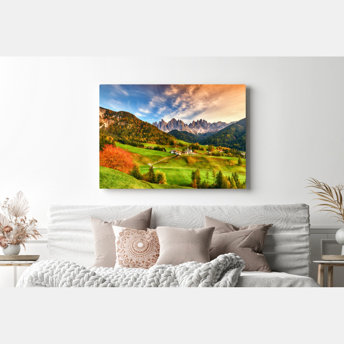 Leinwandbild herbstlicher sonnenuntergang über Santa Maddalena, Dolomiten – Wallnifity® Leinwandbild herbstlicher sonnenuntergang über Santa Maddalena, Dolomiten – Wallnifity®