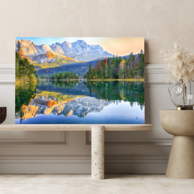 Leinwandbild herbstliche spiegelung am Eibsee bei Zugspitze – Wallnifity® Leinwandbild herbstliche spiegelung am Eibsee bei Zugspitze – Wallnifity®