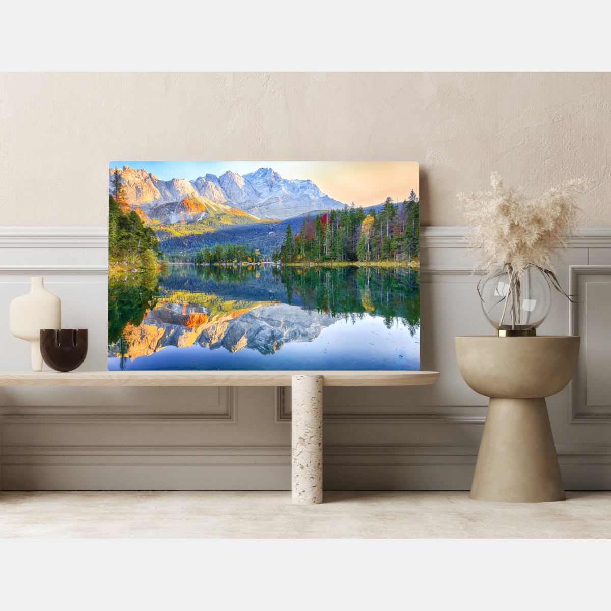 Leinwandbild herbstliche spiegelung am Eibsee bei Zugspitze – Wallnifity® Leinwandbild herbstliche spiegelung am Eibsee bei Zugspitze – Wallnifity®