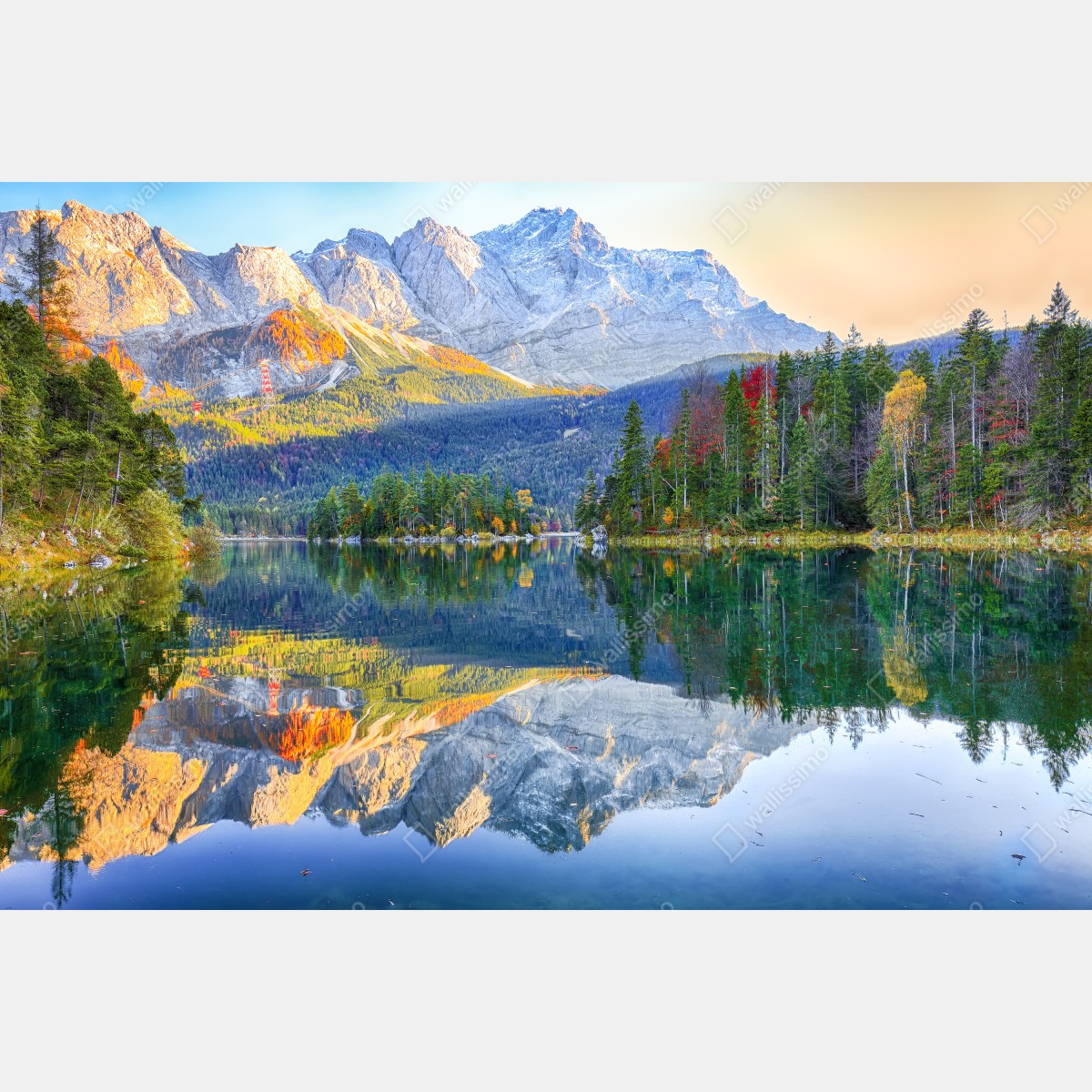 Leinwandbild herbstliche spiegelung am Eibsee bei Zugspitze – Wallnifity® Leinwandbild herbstliche spiegelung am Eibsee bei Zugspitze – Wallnifity®