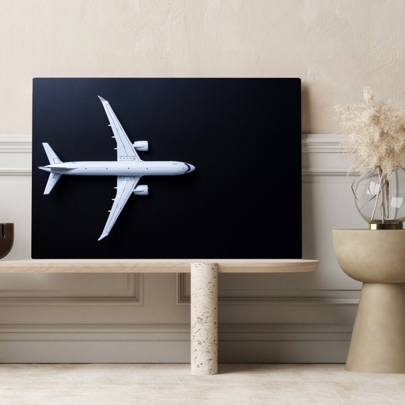 Leinwandbild weißes flugzeug von oben auf schwarzem hintergrund – Wallnifity® Leinwandbild weißes flugzeug von oben auf schwarzem hintergrund – Wallnifity®