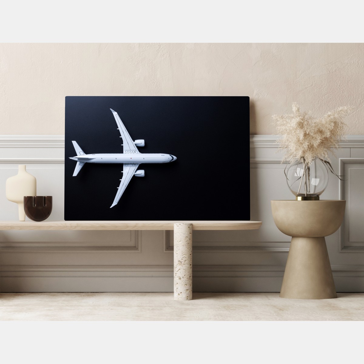 Leinwandbild weißes flugzeug von oben auf schwarzem hintergrund – Wallnifity® Leinwandbild weißes flugzeug von oben auf schwarzem hintergrund – Wallnifity®