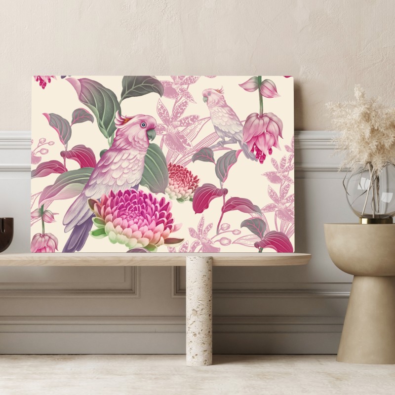 Leinwandbild rosa papagei und chrysantheme - botanisches motiv – Wallnifity® Leinwandbild rosa papagei und chrysantheme - botanisches motiv – Wallnifity®