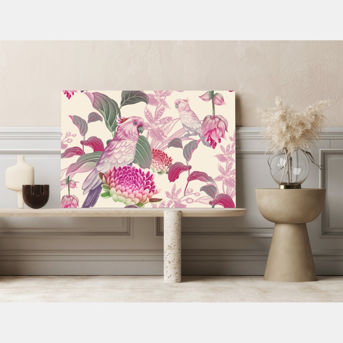 Leinwandbild rosa papagei und chrysantheme - botanisches motiv – Wallnifity® Leinwandbild rosa papagei und chrysantheme - botanisches motiv – Wallnifity®