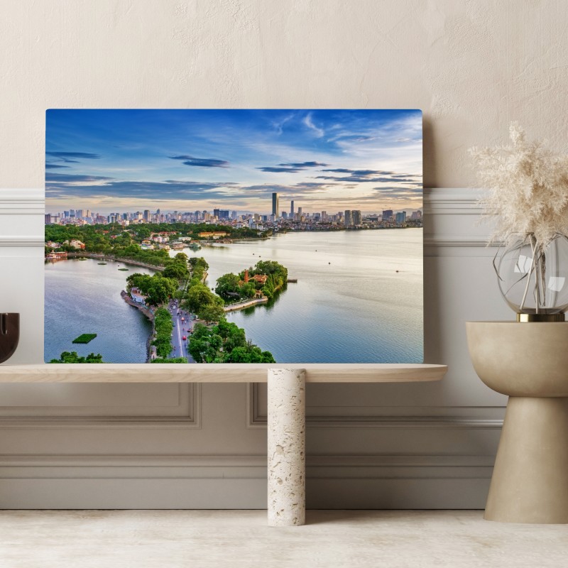 Leinwandbild ruhige städtische panorama am see – Wallnifity® Leinwandbild ruhige städtische panorama am see – Wallnifity®