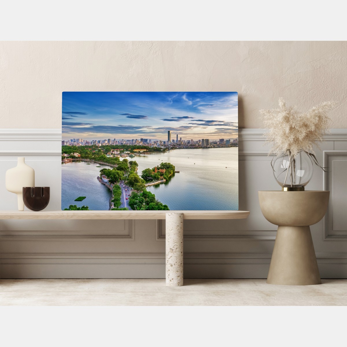 Leinwandbild ruhige städtische panorama am see – Wallnifity® Leinwandbild ruhige städtische panorama am see – Wallnifity®