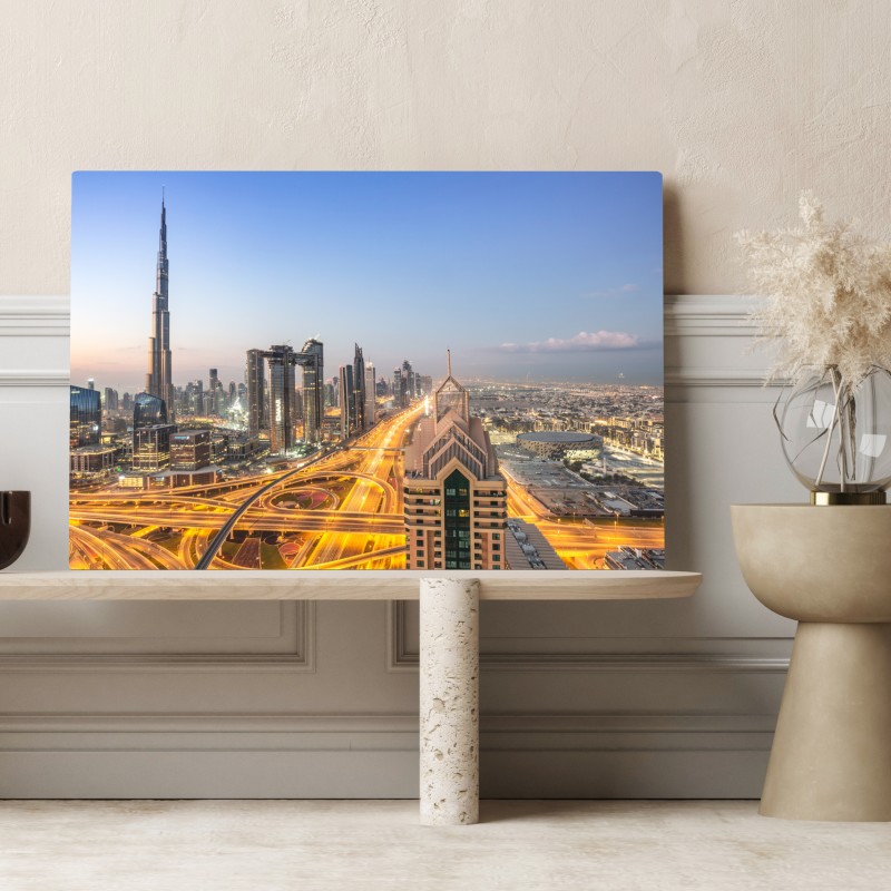 Leinwandbild skyline von Dubai bei dämmerung – Wallnifity® Leinwandbild skyline von Dubai bei dämmerung – Wallnifity®