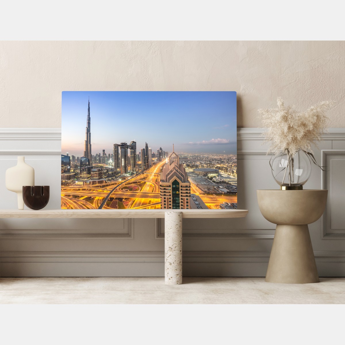 Leinwandbild skyline von Dubai bei dämmerung – Wallnifity® Leinwandbild skyline von Dubai bei dämmerung – Wallnifity®