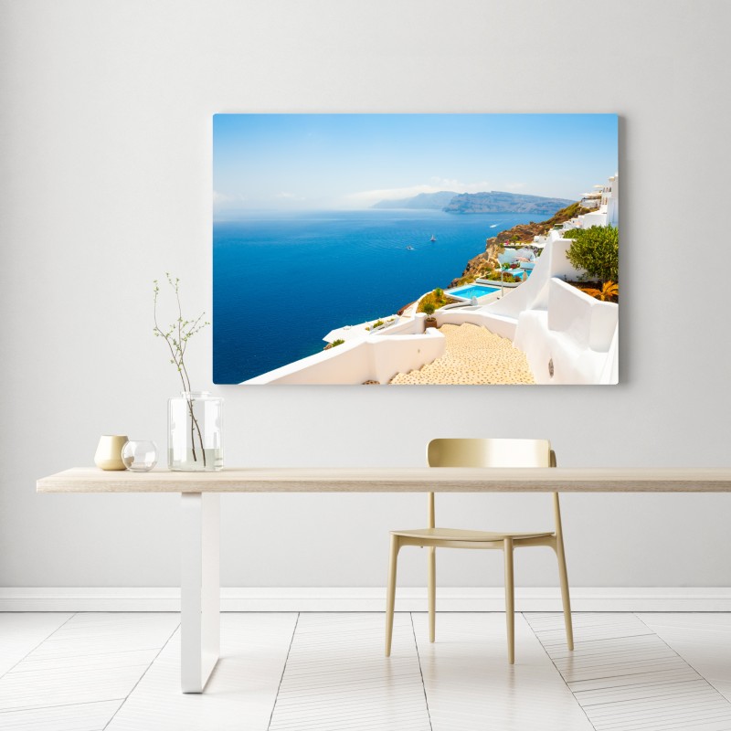 Leinwandbild Santorini küstenblick mit weißer architektur – Wallnifity® Leinwandbild Santorini küstenblick mit weißer architektur – Wallnifity®