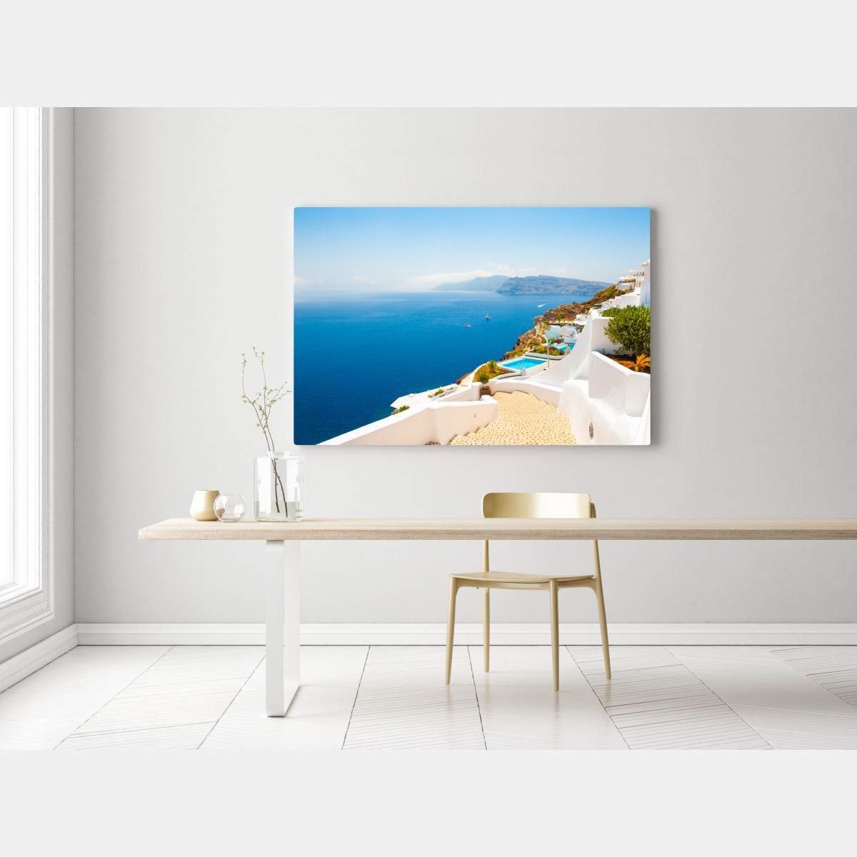 Leinwandbild Santorini küstenblick mit weißer architektur – Wallnifity® Leinwandbild Santorini küstenblick mit weißer architektur – Wallnifity®