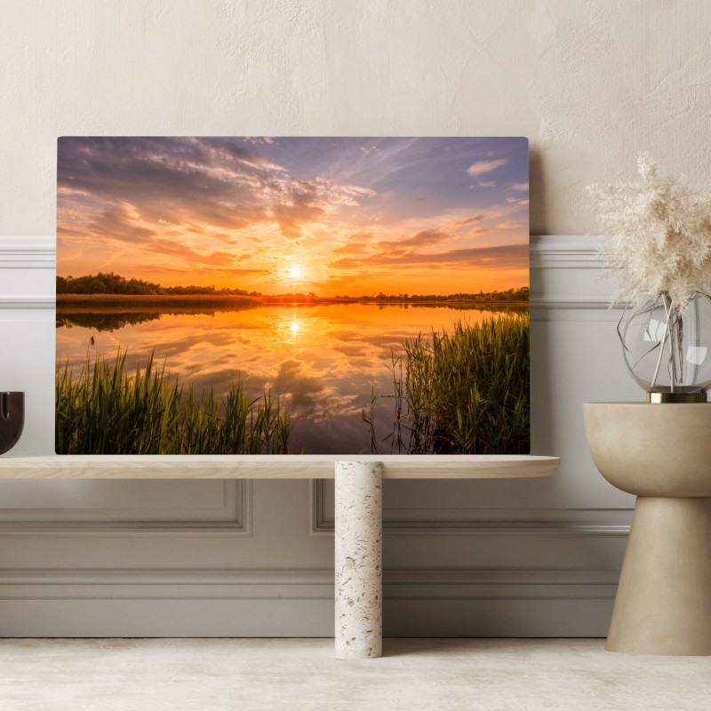 Leinwandbild goldener sonnenuntergang über idyllischem see – Wallnifity® Leinwandbild goldener sonnenuntergang über idyllischem see – Wallnifity®