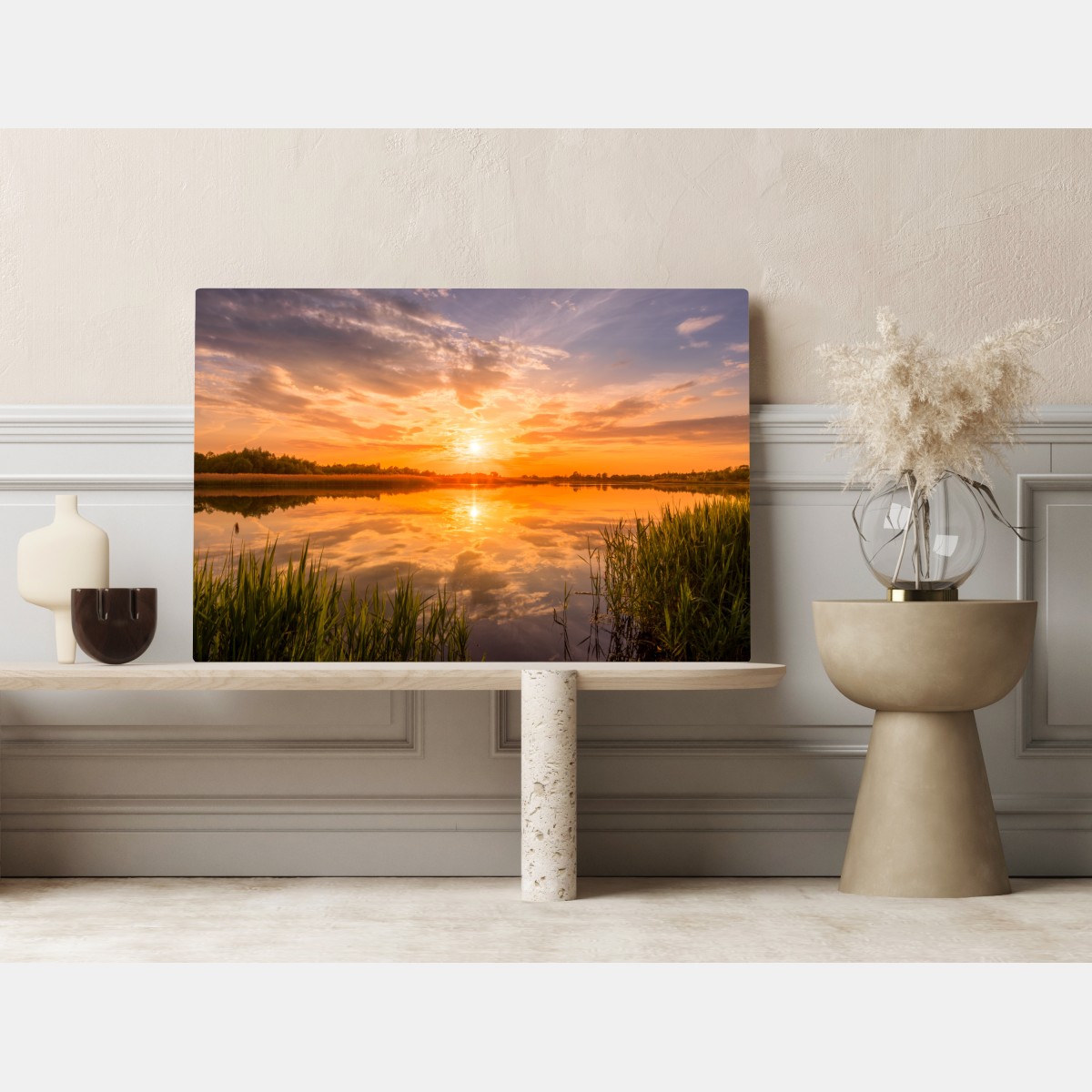 Leinwandbild goldener sonnenuntergang über idyllischem see – Wallnifity® Leinwandbild goldener sonnenuntergang über idyllischem see – Wallnifity®