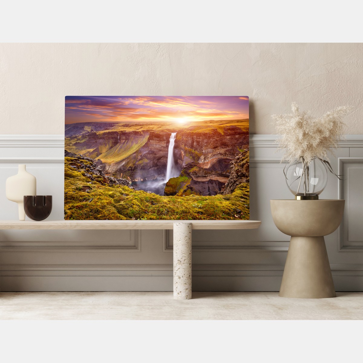 Leinwandbild Haifoss wasserfall bei sonnenuntergang – Wallnifity® Leinwandbild Haifoss wasserfall bei sonnenuntergang – Wallnifity®