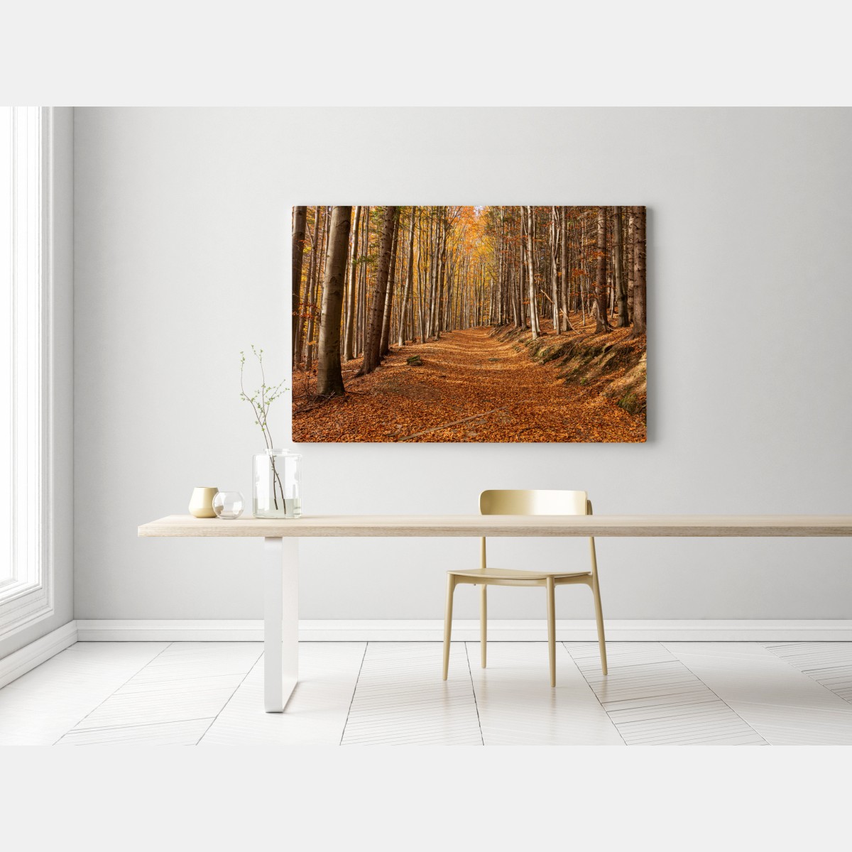 Leinwandbild herbstlicher waldweg mit goldenen blättern – Wallnifity® Leinwandbild herbstlicher waldweg mit goldenen blättern – Wallnifity®