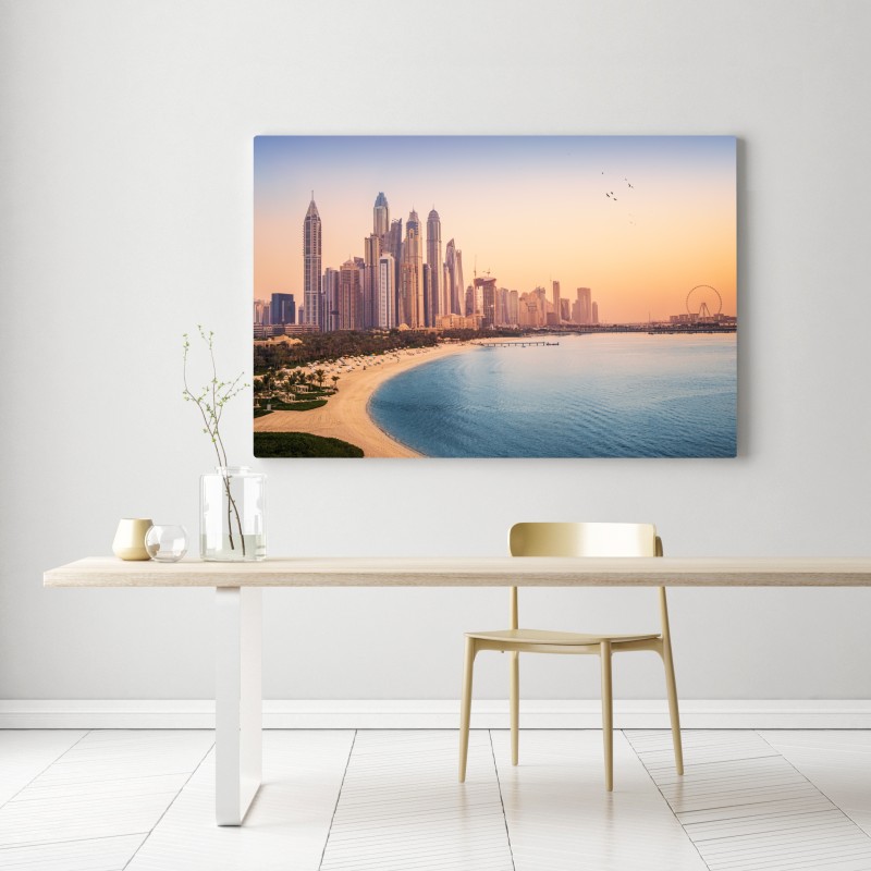 Leinwandbild Dubai skyline bei sonnenuntergang – Wallnifity® Leinwandbild Dubai skyline bei sonnenuntergang – Wallnifity®