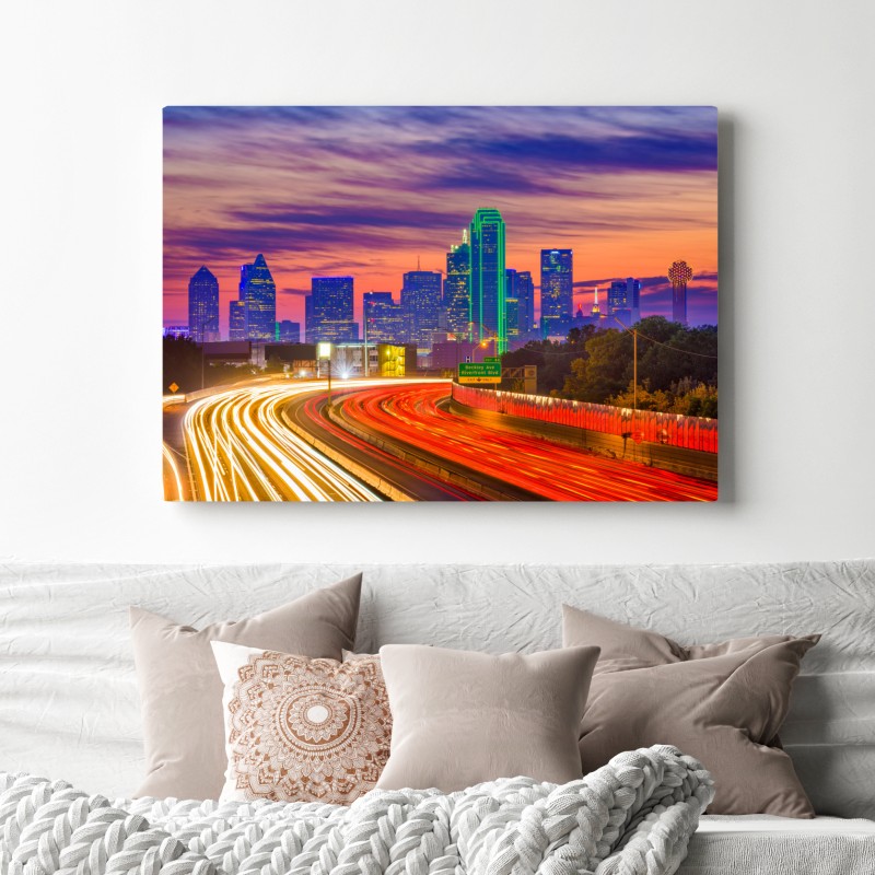 Leinwandbild panorama von Dallas bei sonnenuntergang mit lichtspuren auf der autobahn – Wallnifity® Leinwandbild panorama von Dallas bei sonnenuntergang mit lichtspuren auf der autobahn – Wallnifity®