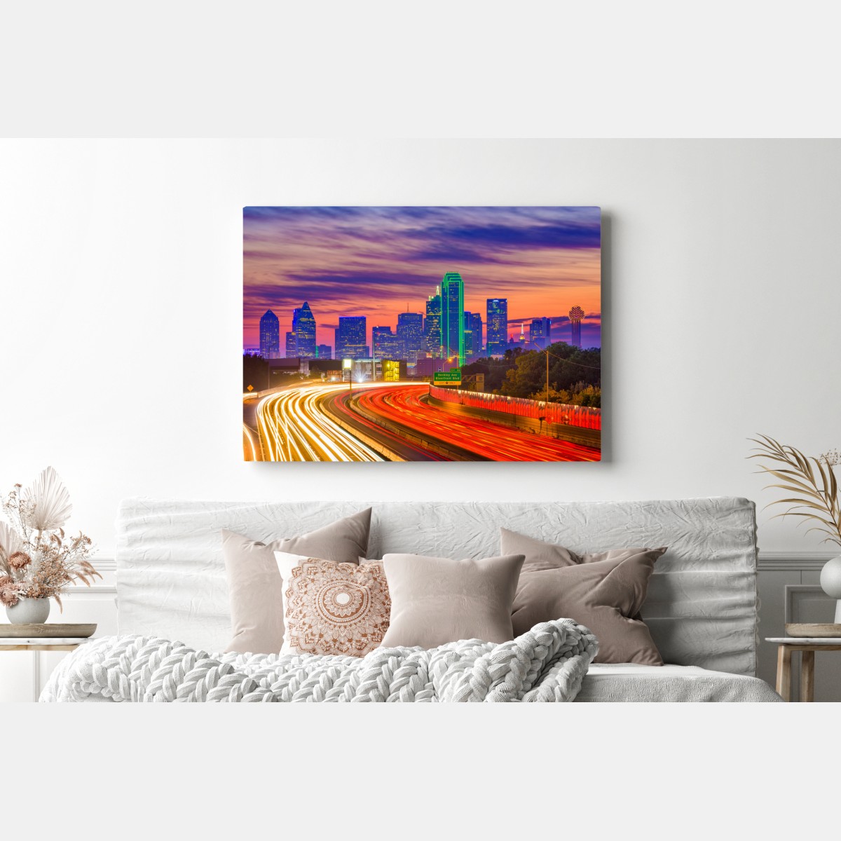 Leinwandbild panorama von Dallas bei sonnenuntergang mit lichtspuren auf der autobahn – Wallnifity® Leinwandbild panorama von Dallas bei sonnenuntergang mit lichtspuren auf der autobahn – Wallnifity®