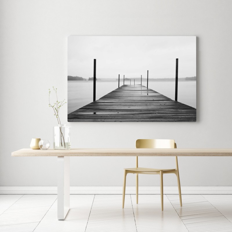 Leinwandbild nebliger steg am see in monochrom – Wallnifity® Leinwandbild nebliger steg am see in monochrom – Wallnifity®