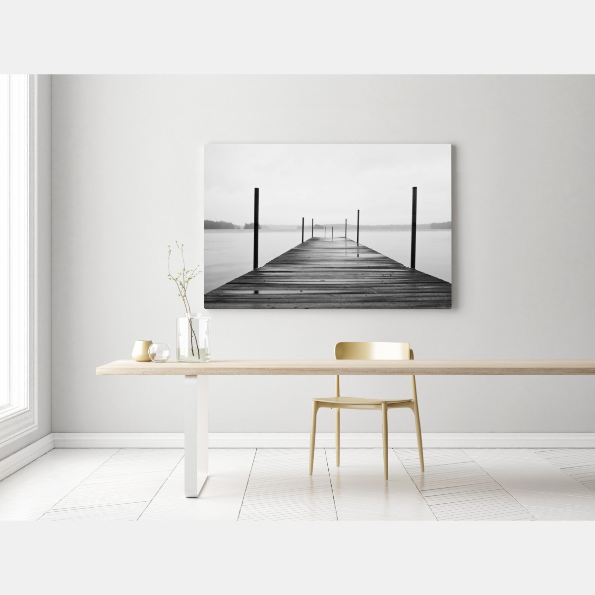 Leinwandbild nebliger steg am see in monochrom – Wallnifity® Leinwandbild nebliger steg am see in monochrom – Wallnifity®