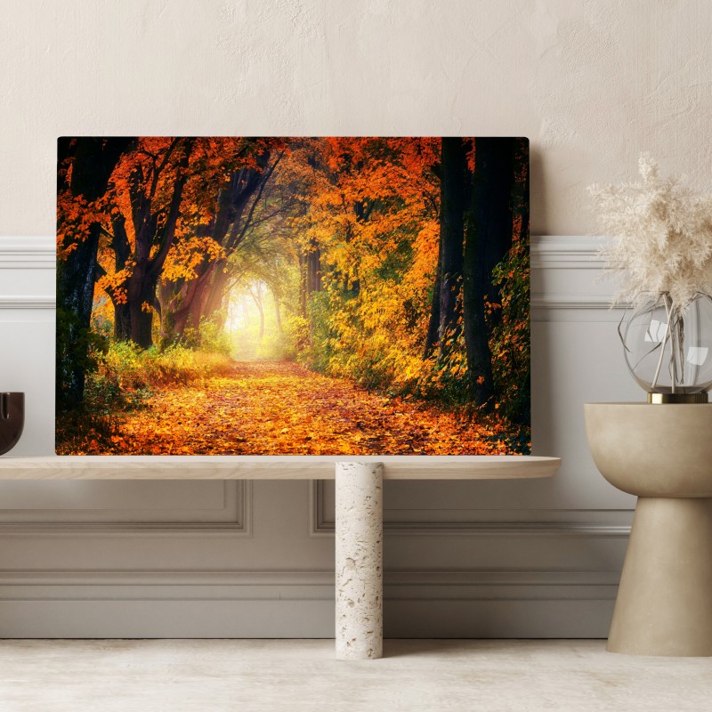 Leinwandbild herbstlicher waldpfad im goldenen licht – Wallnifity® Leinwandbild herbstlicher waldpfad im goldenen licht – Wallnifity®
