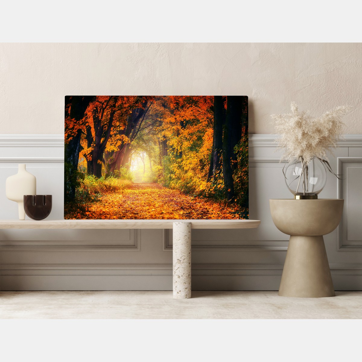 Leinwandbild herbstlicher waldpfad im goldenen licht – Wallnifity® Leinwandbild herbstlicher waldpfad im goldenen licht – Wallnifity®