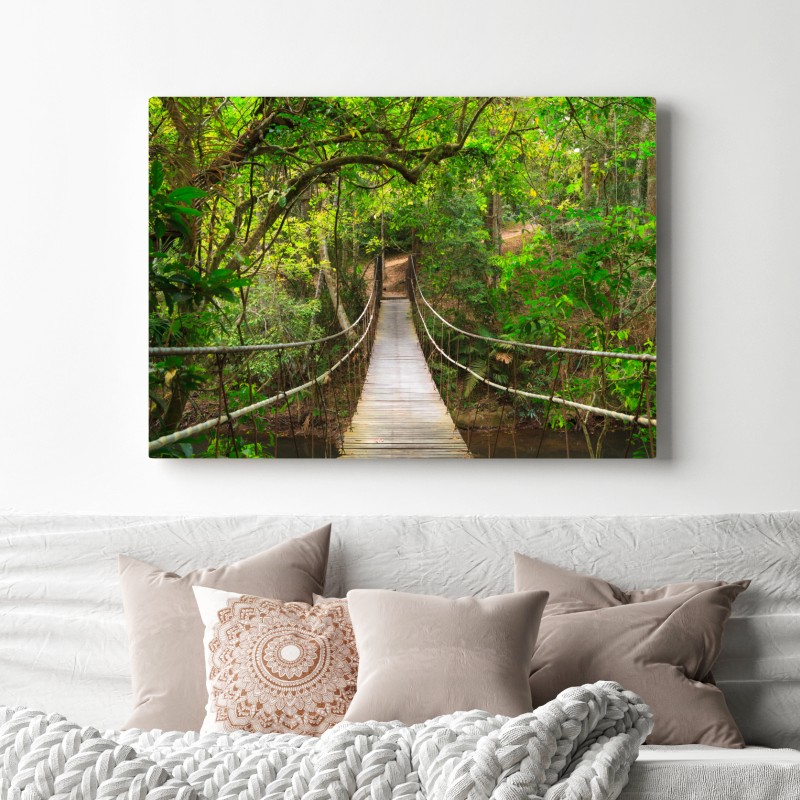 Leinwandbild hängende holzbrücke im grünen wald – Wallnifity® Leinwandbild hängende holzbrücke im grünen wald – Wallnifity®