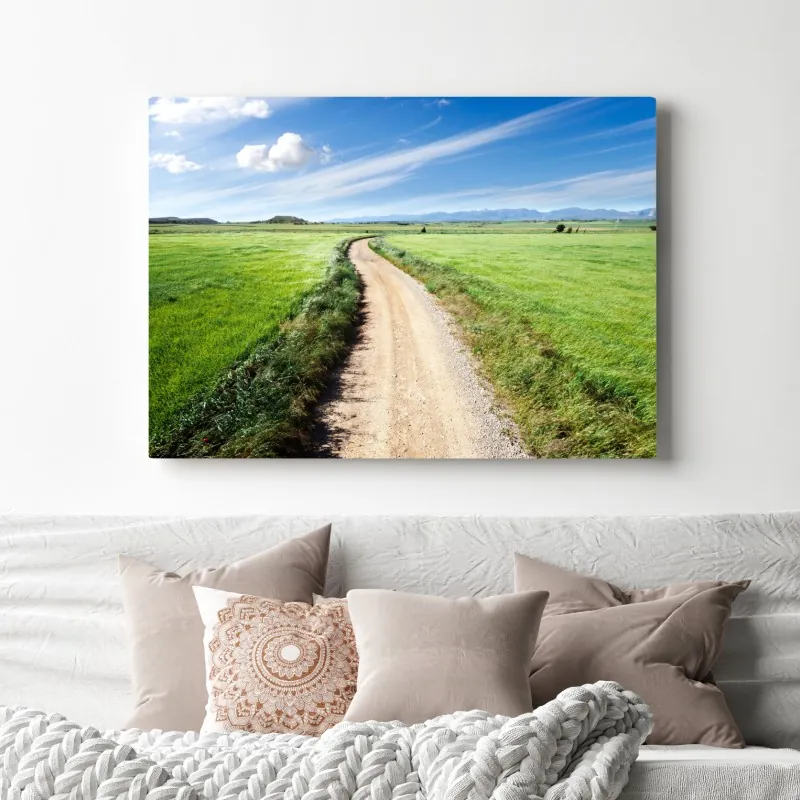 Leinwandbild gewundener landweg durch grüne wiesen – Wallnifity®