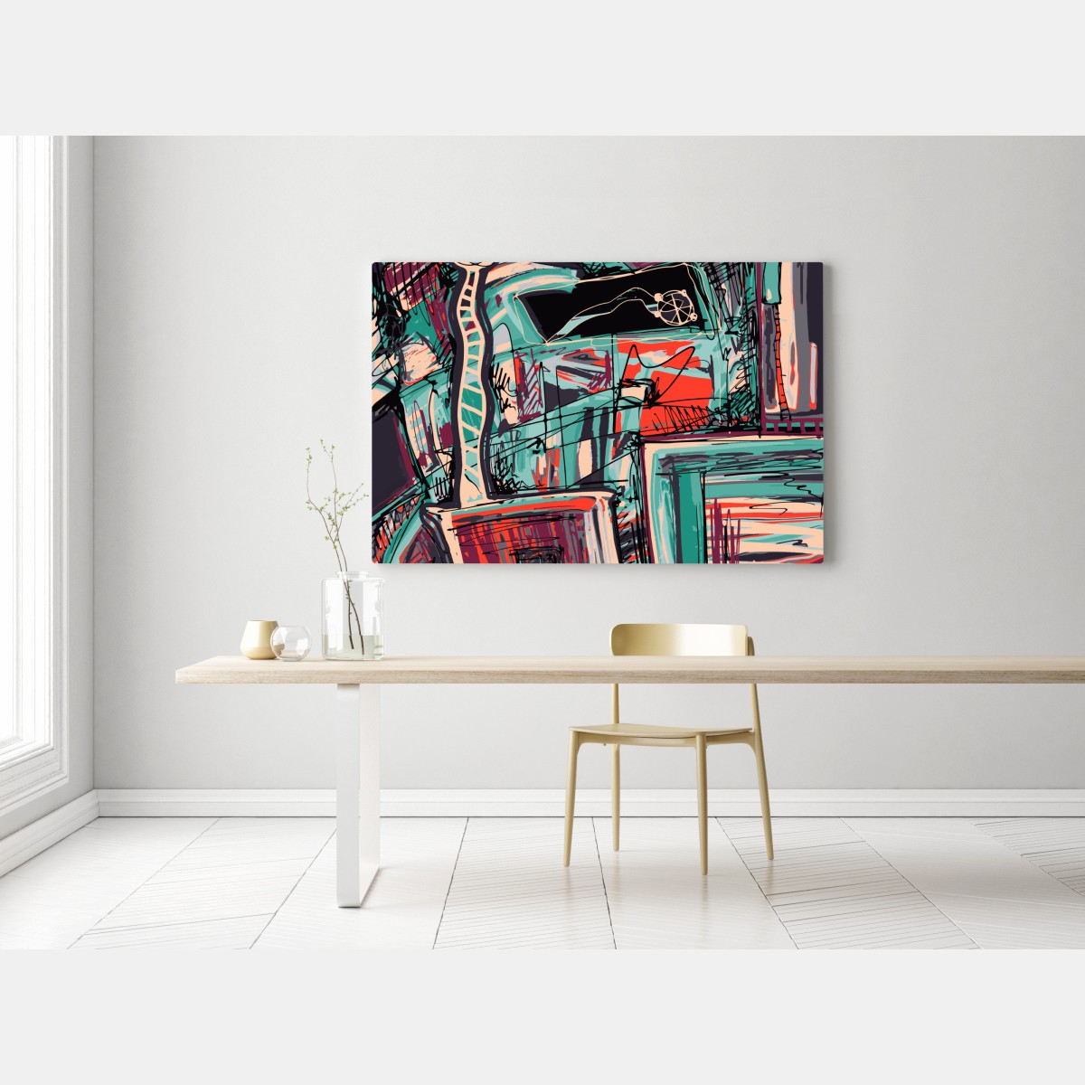 Leinwandbild türkis-korall abstrakte komposition – Wallnifity® Leinwandbild türkis-korall abstrakte komposition – Wallnifity®